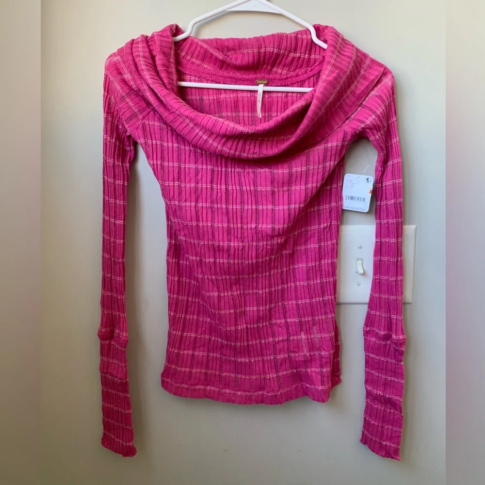 FREE PEOPLE Women’s Bright Pink White Gold Stripe Ribbed Long Sleeve Cowl Neck
